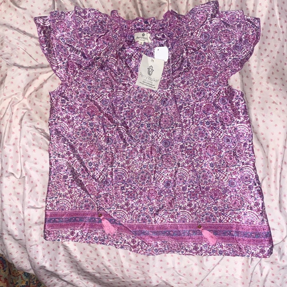 Perry walker silk blouse, pink floral print. NWT, L